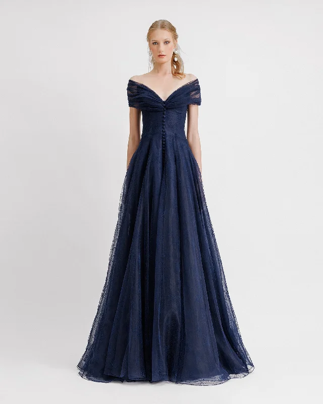 Navy Draped Off-The-Shoulders Dress