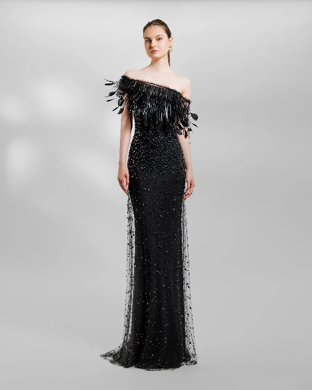 Fully Beaded Dress With Feathers