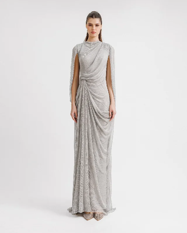Long tulle dress with draping