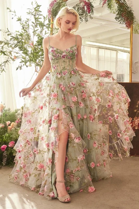 Andrea & Leo Couture A1420 Ruffle A Line sheer corset Prom Dress Layer Print Floral Gown Andrea & Leo Couture A1420 Ruffle A Line sheer corset Prom Dress Layer Print Floral Gown