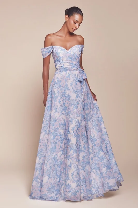 Cinderella Divine 7441 A Line Long Formal Floral Print Prom Dress