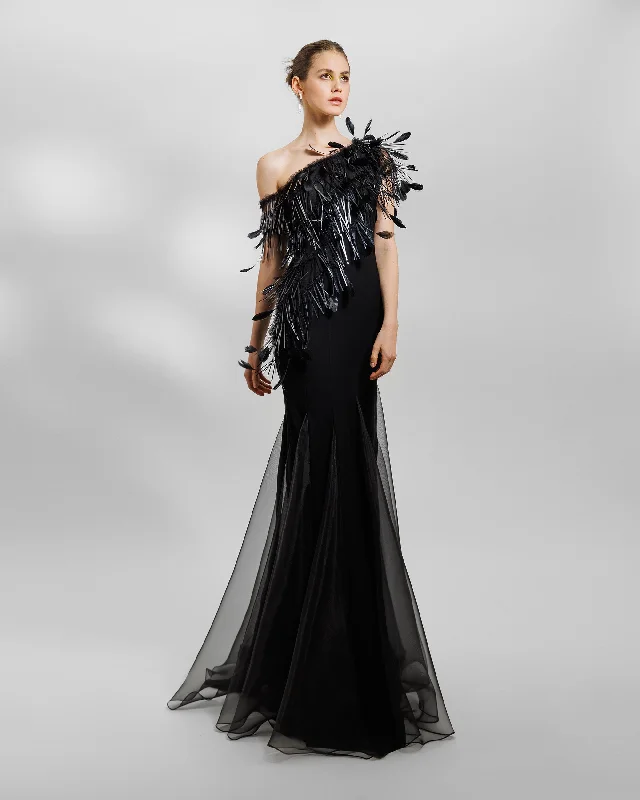 Asymmetrical Feather Neckline Dress