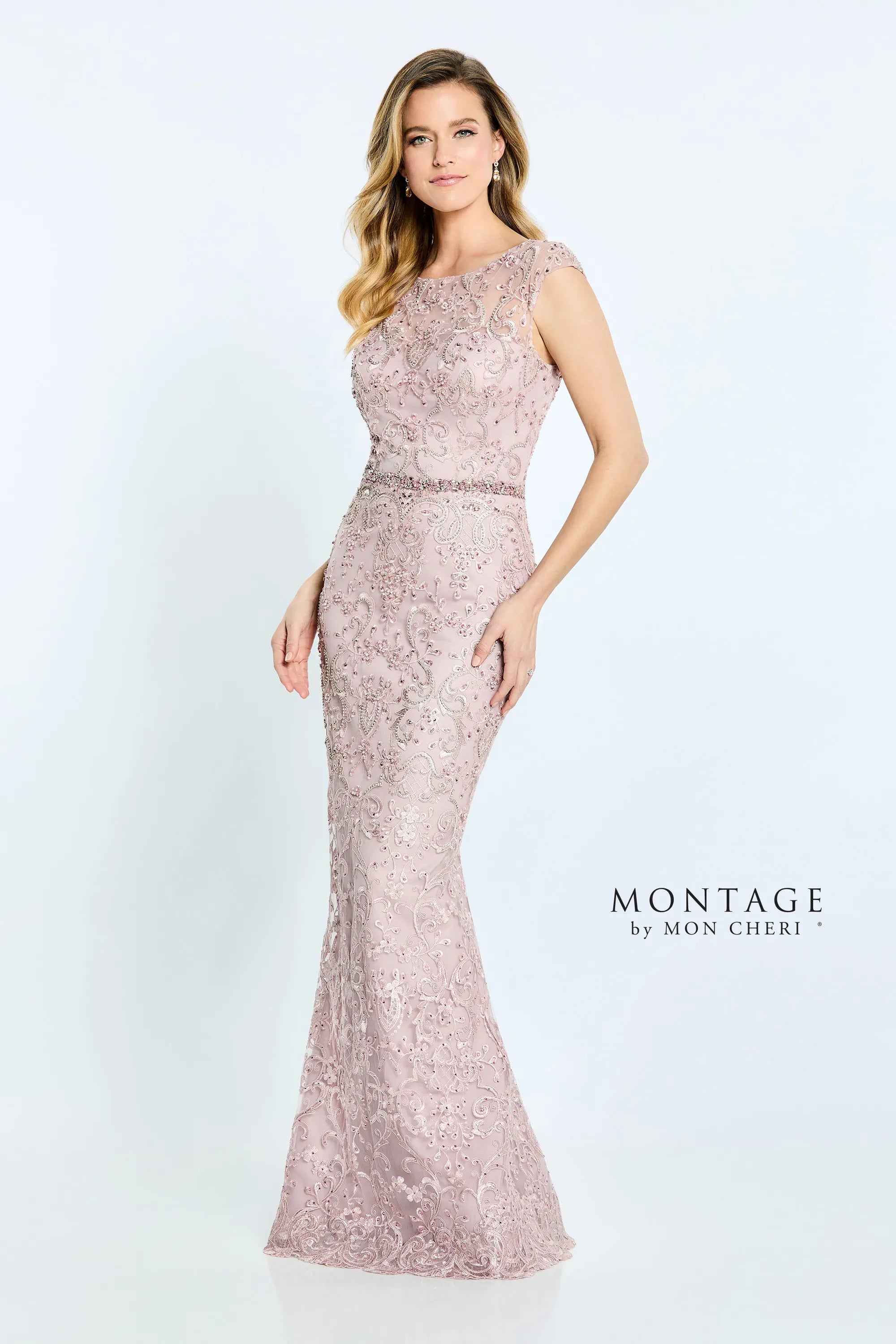 Montage M516 Beaded Floral Long Fitted Formal Evening Dress