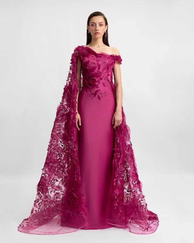 Asymmetrical Dress with Floral Cape