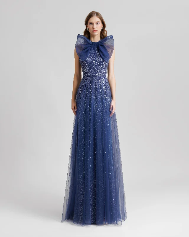 Bow Halter-Neckline Navy Blue Dress