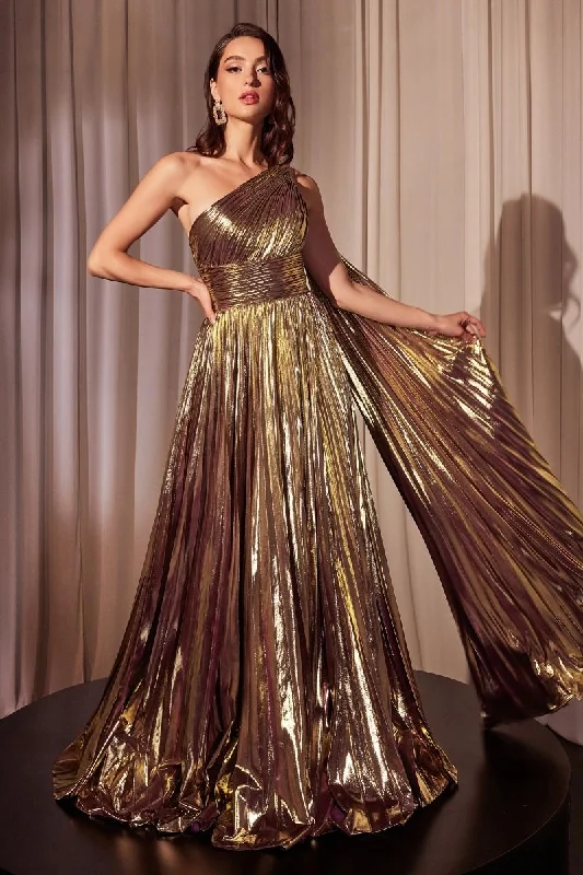 Cinderella Divine J874 Long  Pleated Metallic Prom Formal Dress