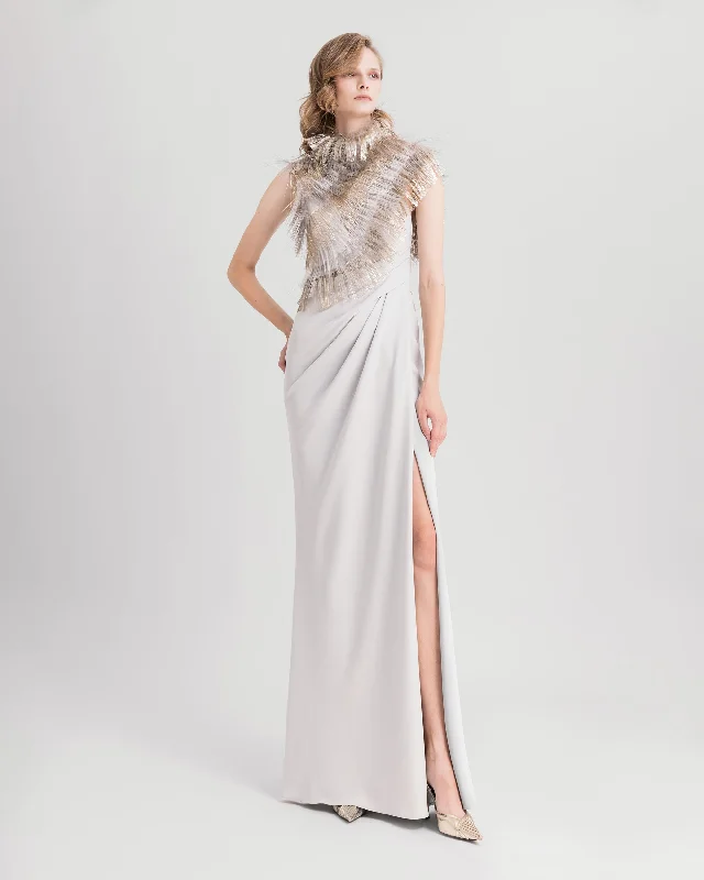 Asymmetrical Neckline Dress With Fringes