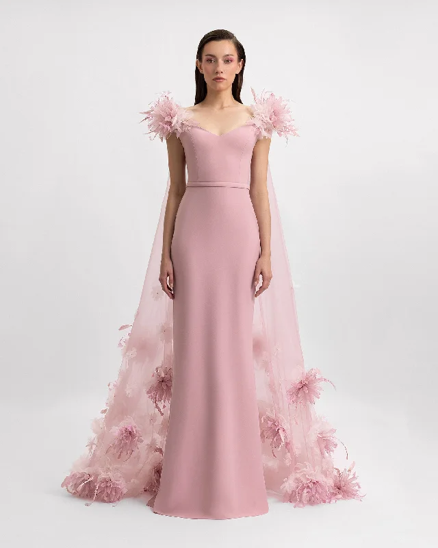 Slim-Cut Dress with 3D Floral Cape