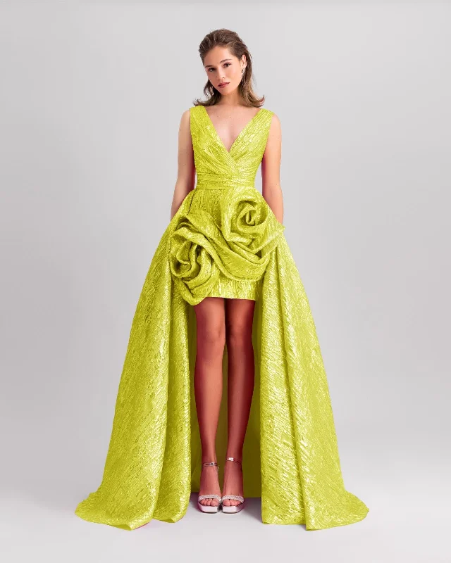 Lime Long Dress With Draped Flowers