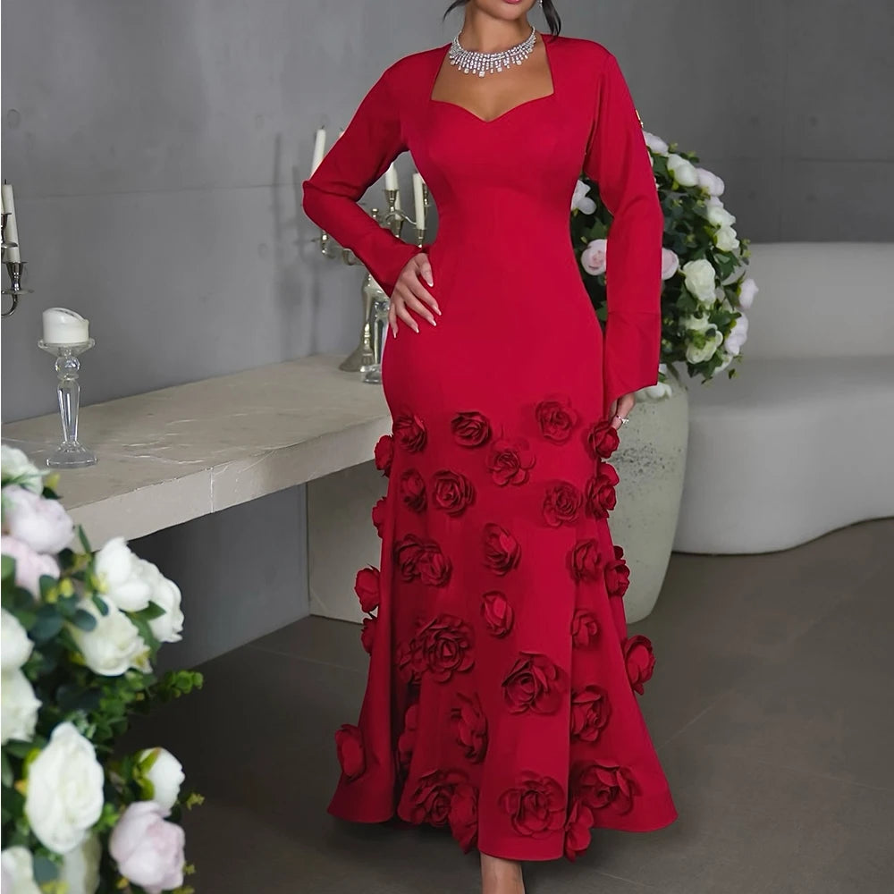 Exquisite Flowers Pleats Sweetheart Evening Dresses Graceful A-Line Satin Burgundy Long Sleeves Party Gowns Saudi Arabia 2024 Exquisite Flowers Pleats Sweetheart Evening Dresses Graceful A-Line Satin Burgundy Long Sleeves Party Gowns Saudi Arabia 2024