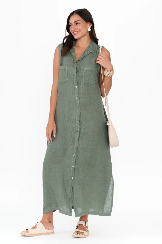 Perla Khaki Linen Button Dress