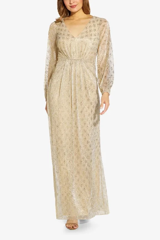 Adrianna Papell AP1E209111 V- Neck Bishop Long Sleeves Formal Long Dress