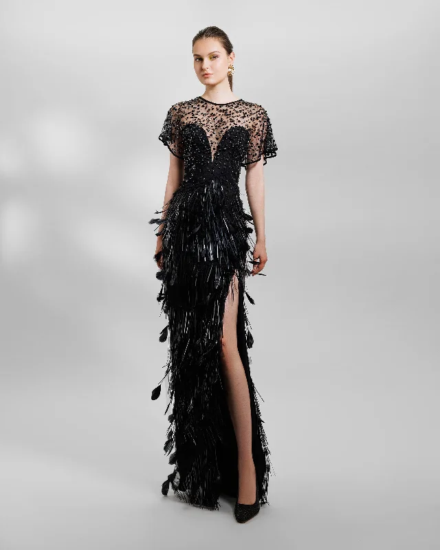Beaded Corset Slim-Cut Feather Dress