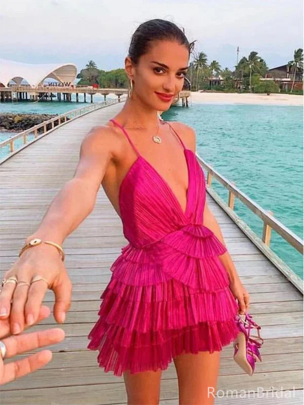 Sexy Spaghetti Strap V-neck Sleeveless A-line Chiffon Ruffles Homecoming Dresses For Party Online, HD1039 Sexy Spaghetti Strap V-neck Sleeveless A-line Chiffon Ruffles Homecoming Dresses For Party Online, HD1039