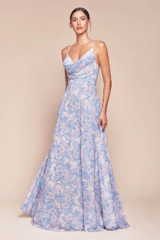 Cinderella Divine 7444 A Line Long Floral Print Formal Prom Dress