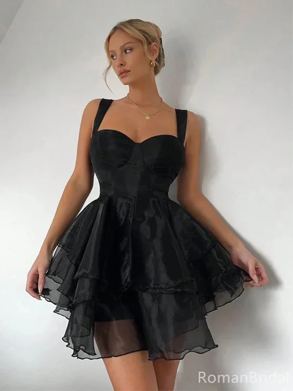 Sexy Spaghetti Strap Sleeveless A-line Tulle Black Short Homecoming Dresses For Party Online, HD1032 Sexy Spaghetti Strap Sleeveless A-line Tulle Black Short Homecoming Dresses For Party Online, HD1032