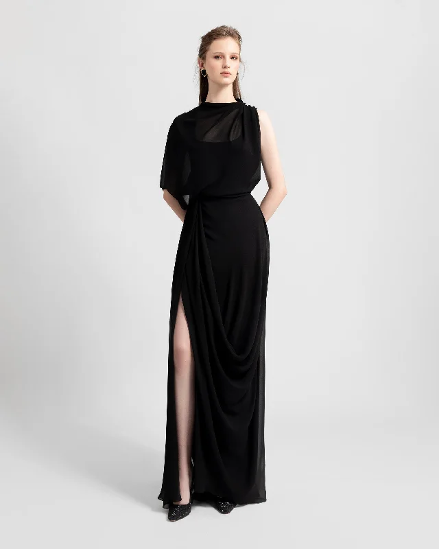 Asymmetrical Draped Black Dress