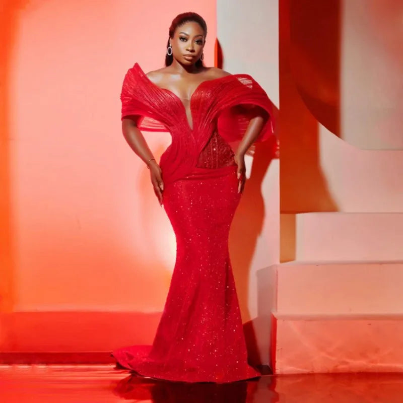 Shiny Sequined Red Evening Dresses Off Shoulder Puffy Sleeves Plus Size Prom Dress For African Women Aso Ebi Wedding Party Gowns Shiny Sequined Red Evening Dresses Off Shoulder Puffy Sleeves Plus Size Prom Dress For African Women Aso Ebi Wedding Party Gowns