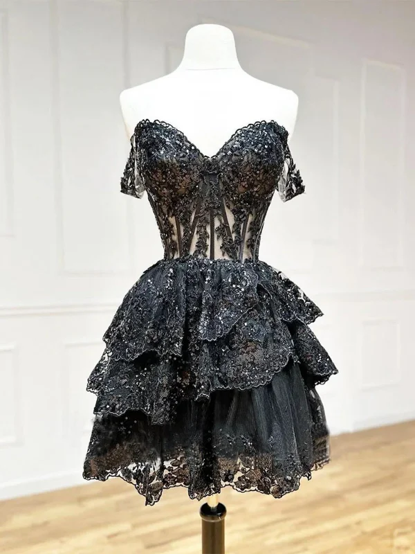 Off the Shoulder Short Tulle Black Lace Prom Dresses, Short Black Lace Graduation Homecoming Dresses Off the Shoulder Short Tulle Black Lace Prom Dresses, Short Black Lace Graduation Homecoming Dresses
