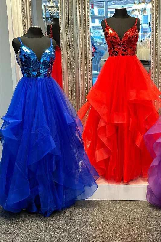 Brandi | A-line V-Neck Mirror-Cut Sequins Ruffle Layers Long Prom Dress