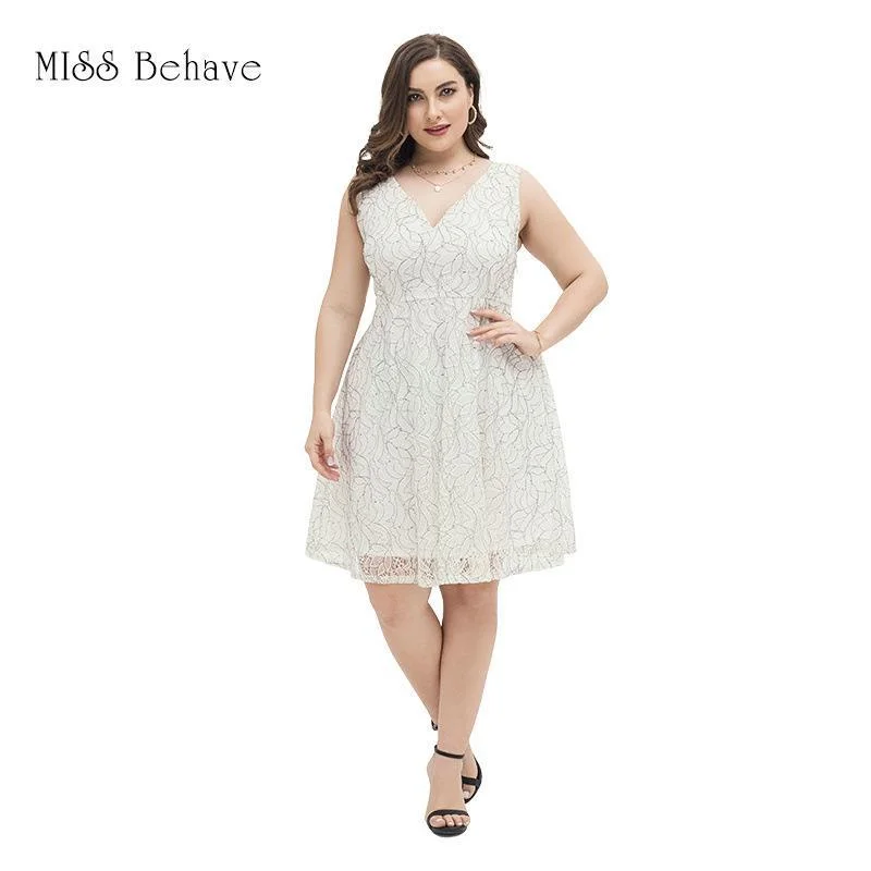 NiDELL Foreign Trade Amazon White Lace Dress Fat Sister V-neck Loose Casual Cross-Border Women's Short Skirt Fx200032
