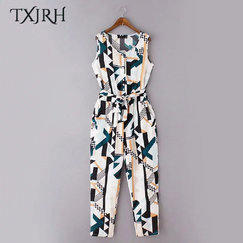 Retro Colorful Geometry Sleeveless Slim Trendy Women Overalls Elastic Waist Sashes Bow Casual Rompers Jumpsuit Bodysuit Utility Pocket Jumpsuit