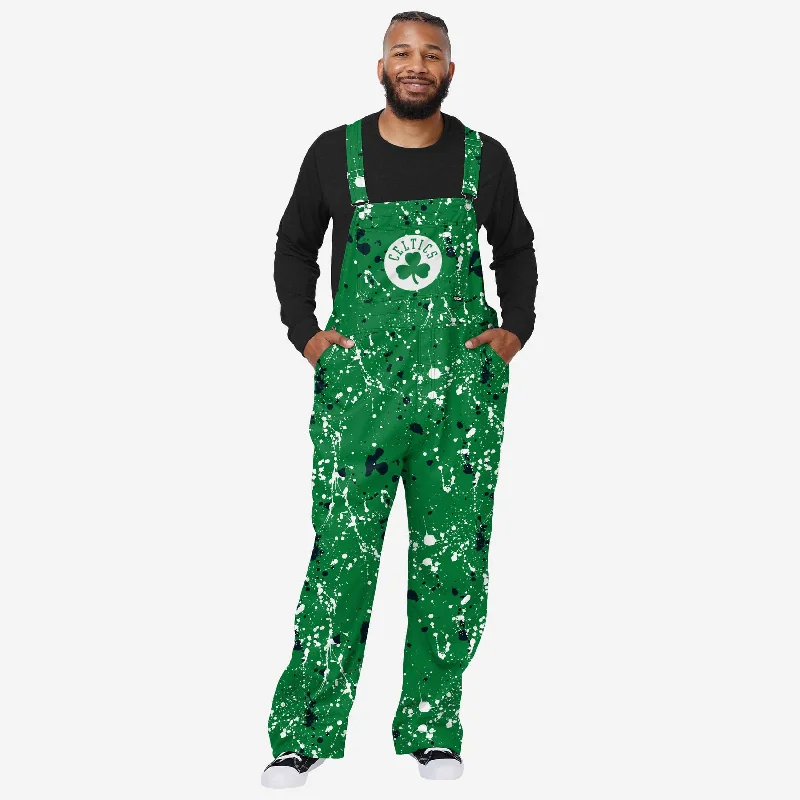Boston Celtics Mens Paint Splatter Bib Overalls Casual Loose Jumpsuit