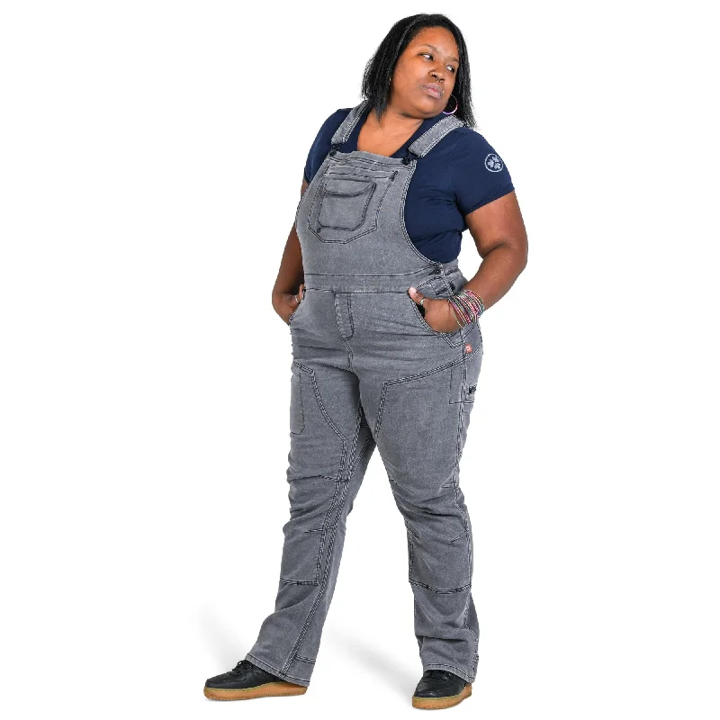 Dovetail Women's Freshley Drop Seat Overalls in Grey Thermal Denim Asymmetric Shoulder Overalls