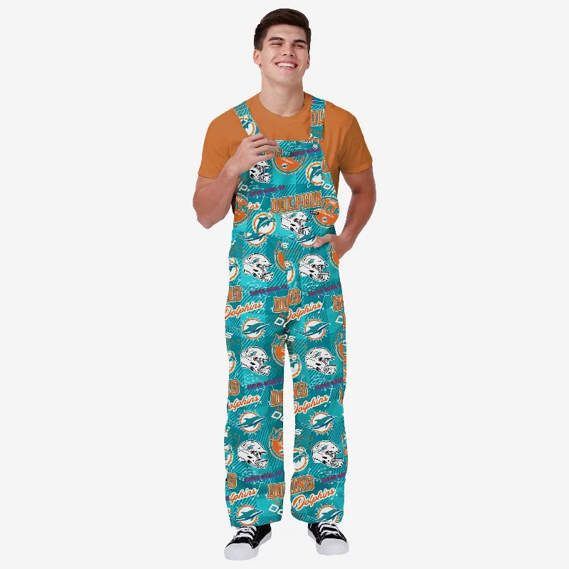 Miami Dolphins Mens Historic Print Bib Overalls Belted Waist Jumpsuit