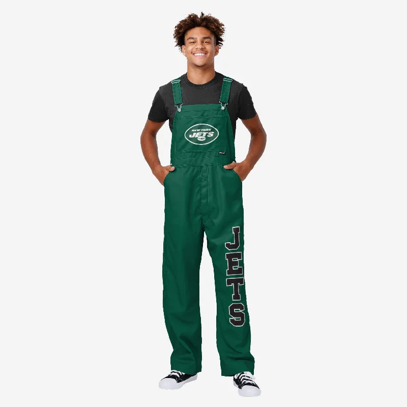 New York Jets Mens Solid Wordmark Bib Overalls Ruffled Shoulder Overalls