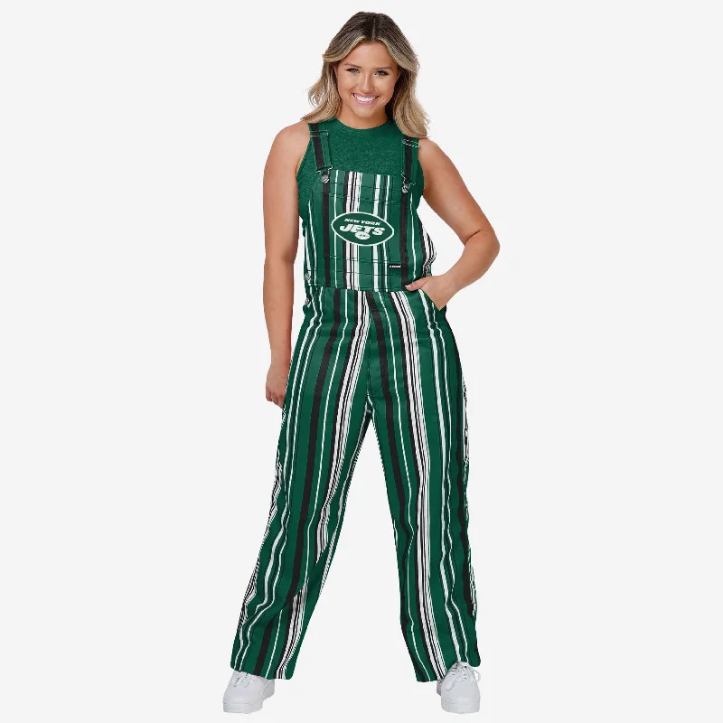 New York Jets Womens Hyper Stripe Bib Overalls Strappy Linen Jumpsuit