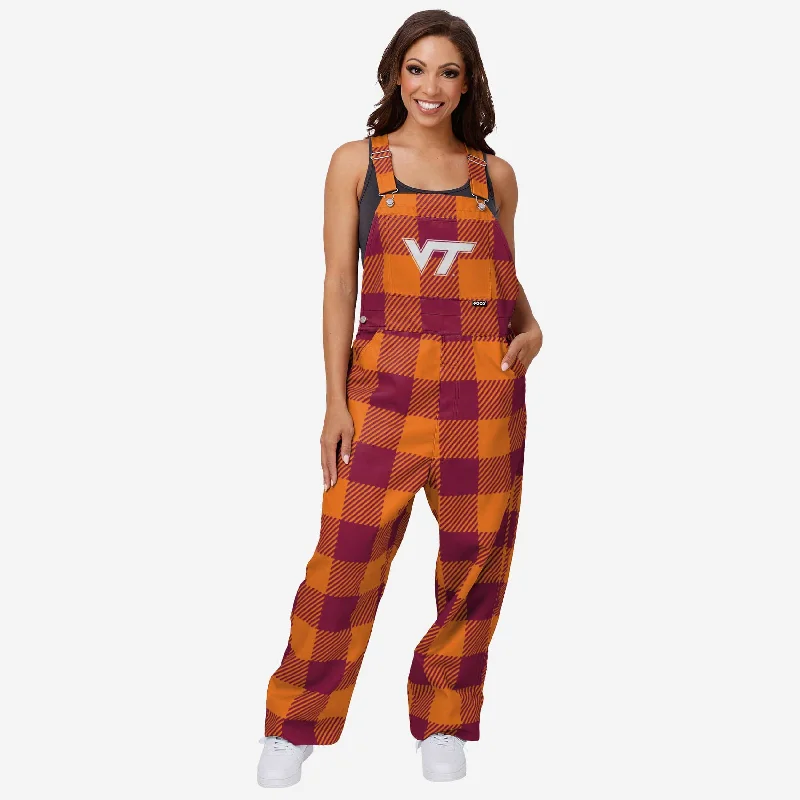 Virginia Tech Hokies Womens Plaid Bib Overalls Deep V-Neck Jumpsuit