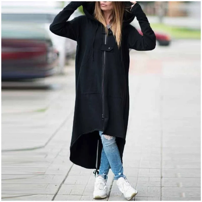 2019 Winter Trench Coat For Women Hooded Zipper Button Black Long Coat Stylish Hooded Trench Coat 2019 Winter Trench Coat For Women Hooded Zipper Button Black Long Coat Stylish Hooded Trench Coat
