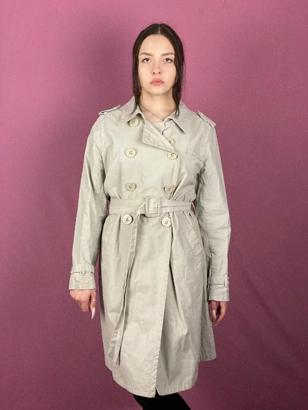 90s Jean Paul Gaultier Vintage Women's Trench Coat - L Beige Linen Blend Classic Plaid Wool Trench 90s Jean Paul Gaultier Vintage Women's Trench Coat - L Beige Linen Blend Classic Plaid Wool Trench