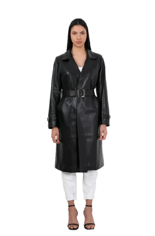 Barya NewYork Ladies Black Soft Lambskin Double Breasted Belted Trench Coat Chic Lightweight Trench Coat Barya NewYork Ladies Black Soft Lambskin Double Breasted Belted Trench Coat Chic Lightweight Trench Coat