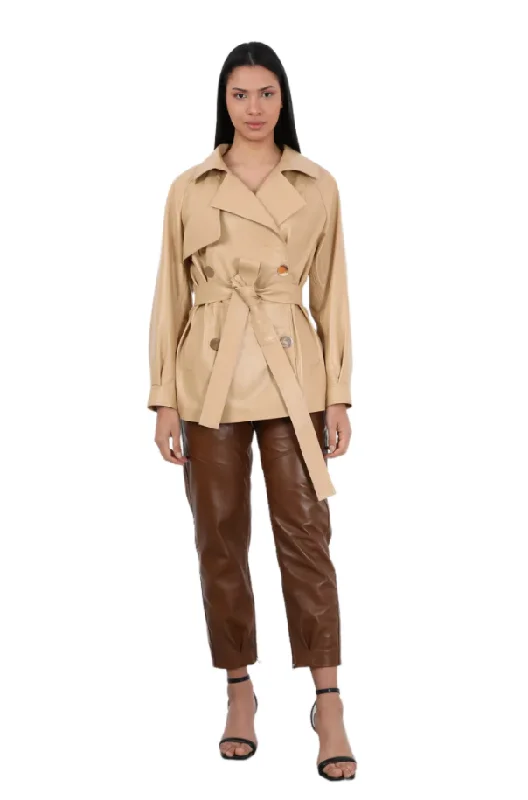 Barya NewYork Ladies Nude Soft Lambskin Double Breasted Belted Short Trench Coat Comfortable Trench Coat for Women Barya NewYork Ladies Nude Soft Lambskin Double Breasted Belted Short Trench Coat Comfortable Trench Coat for Women
