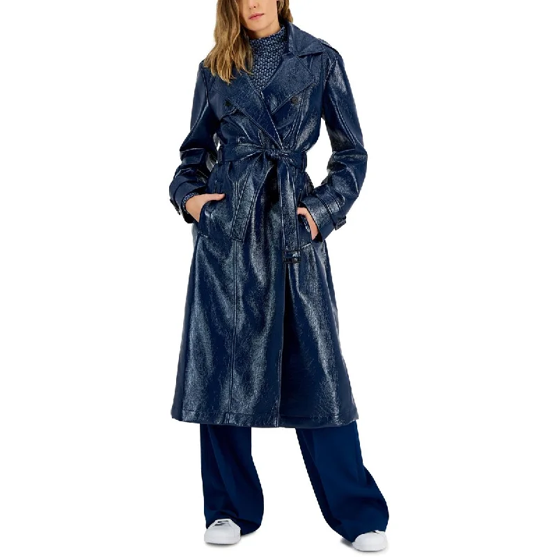 Womens Faux Leather Trench Coat Trendy Long Wool Trench