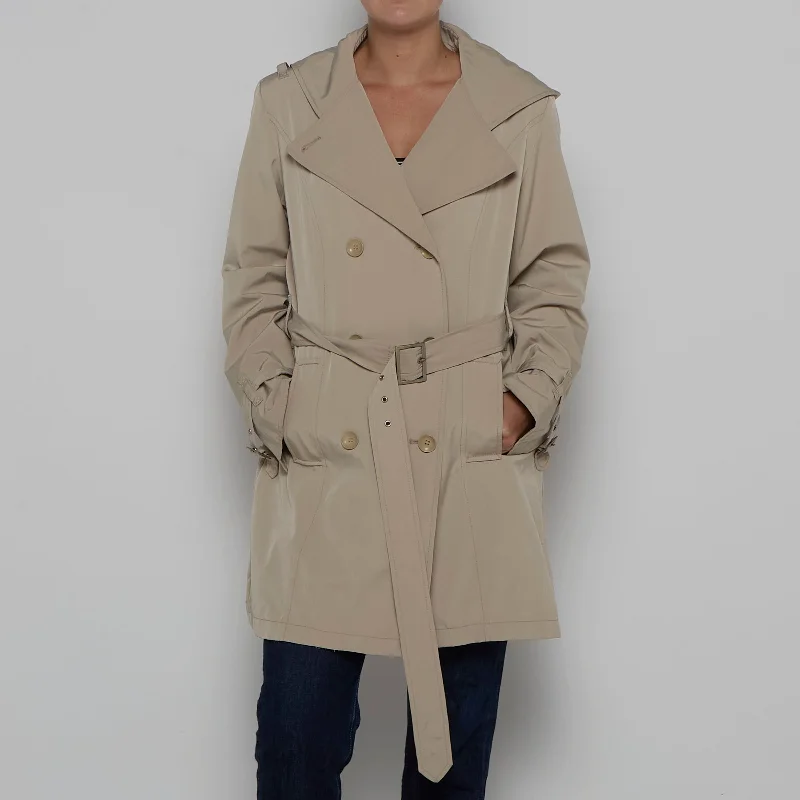 Belted Trench Coat with Hood - L Trendy Wide-Cuff Trench Coat