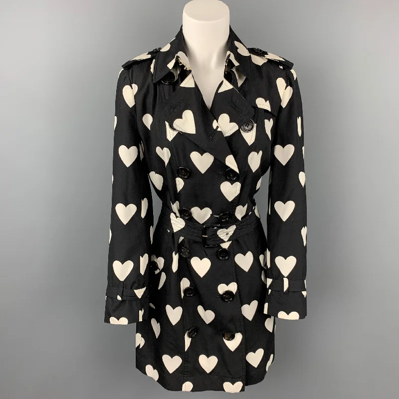 BURBERRY Circa 2017 Size 10 Black & White Heart Print Silk / Wool Trench Coat Warm Double-Breasted Trench BURBERRY Circa 2017 Size 10 Black & White Heart Print Silk / Wool Trench Coat Warm Double-Breasted Trench