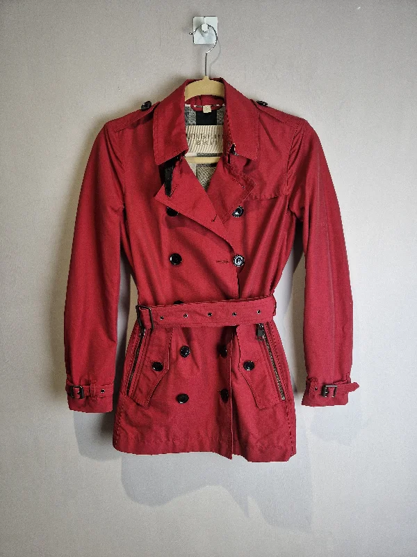 Burberry Size 4 Burgundy Trench Coat (UK4) Casual Belted Wool Trench