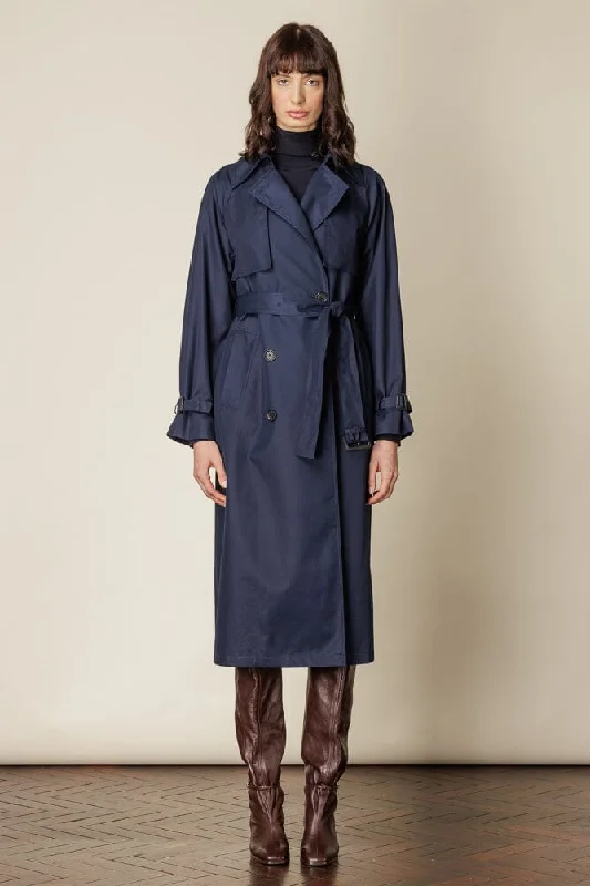 (RTW) Maddie Trench Coat - Navy Cotton Gabardine Fashionable Double-Breasted Wool Trench