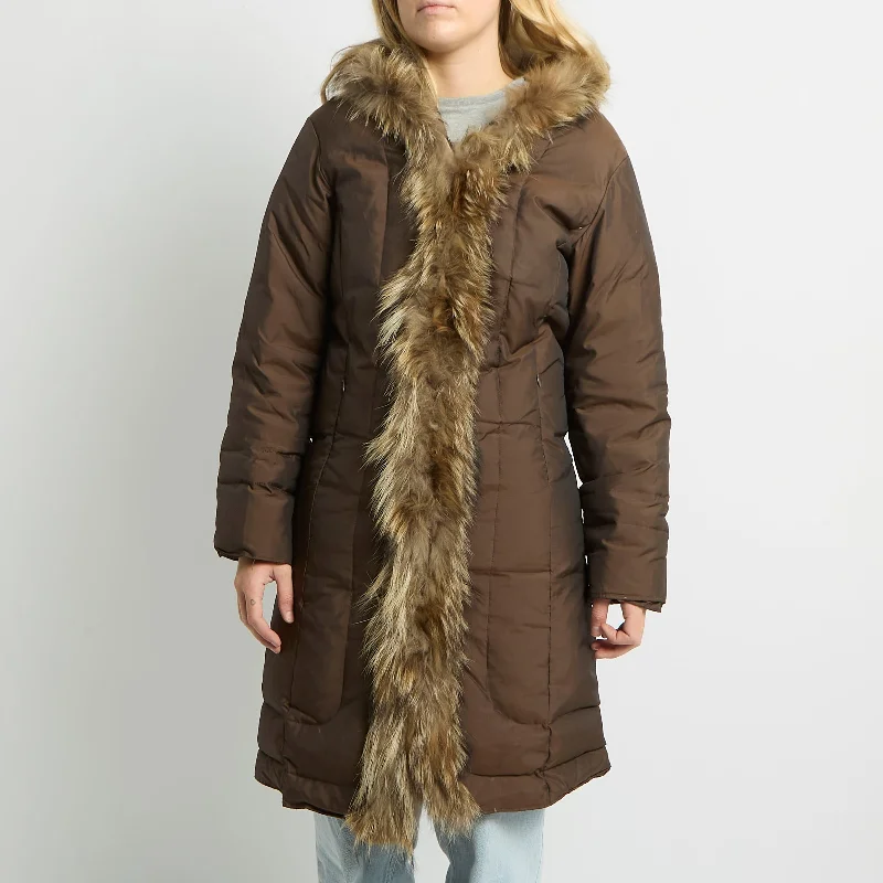Fur Trim Padded Trench Coat - UK 14 Double-Breasted Belted Trench