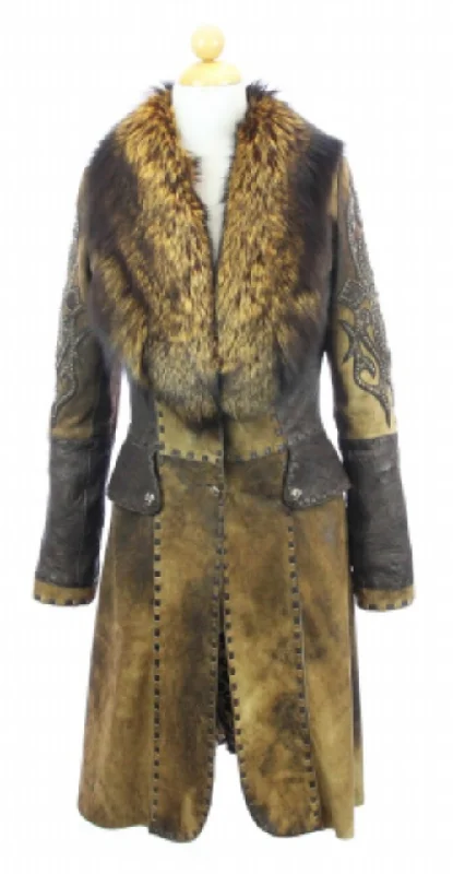 Hoss Couture Women's Natural Suede Fox Fur Swarovski Crystal Trench Coat Elegant Long Sleeve Trench Hoss Couture Women's Natural Suede Fox Fur Swarovski Crystal Trench Coat Elegant Long Sleeve Trench