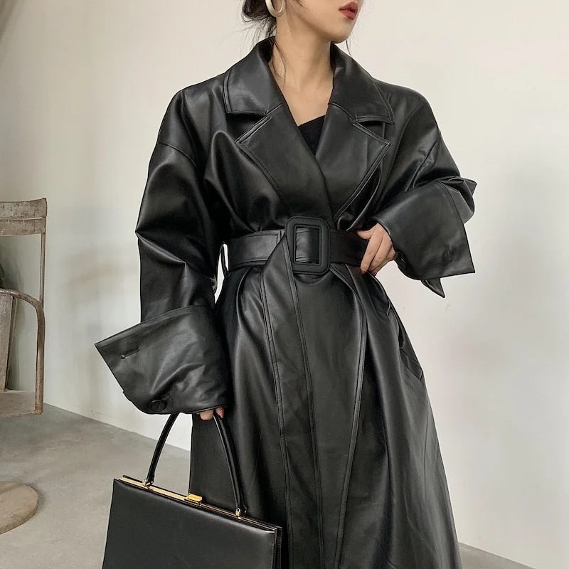 Long oversized leather trench coat for women long sleeve lapel loose fit Modern Long Trench Jacket Long oversized leather trench coat for women long sleeve lapel loose fit Modern Long Trench Jacket