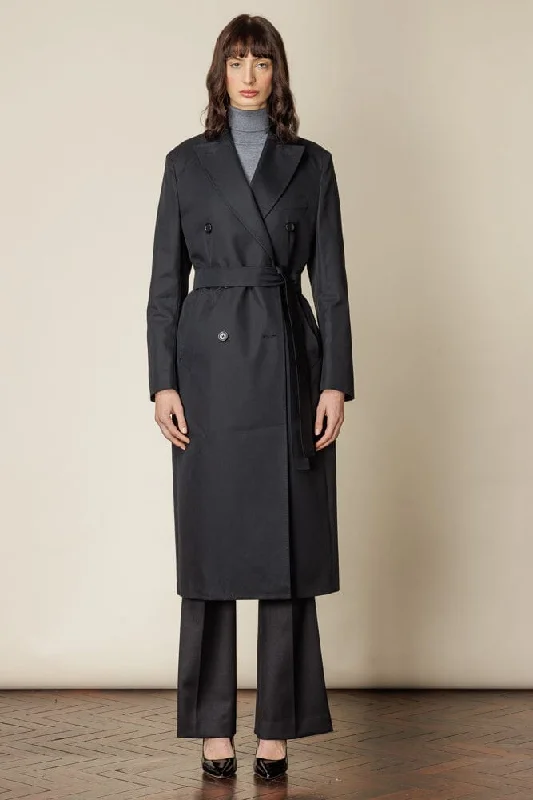 (RTW) Long Double Breasted Trench Coat with Belt - Black Cotton Gabardine Elegant Layered Trench Coat