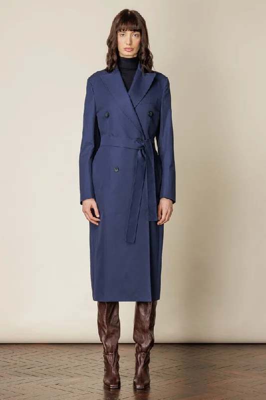 (RTW) Long Double Breasted Trench Coat with Belt - Blue Cotton Gabardine Classic Tailored Trench Coat