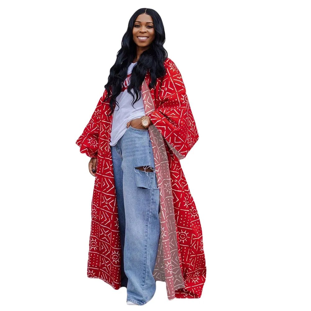 African Dresses for Women African Ethnic Print Loose Long Trench Coat Streetwear Dashiki African Clothes Stylish Trench Coat with Pockets