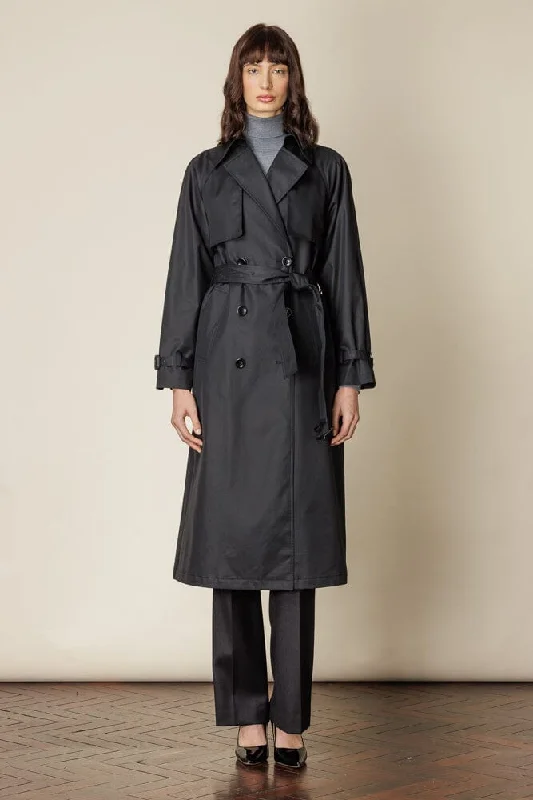 (RTW) Maddie Trench Coat - Black Cotton Gabardine Stylish Faux-Fur Trench Coat