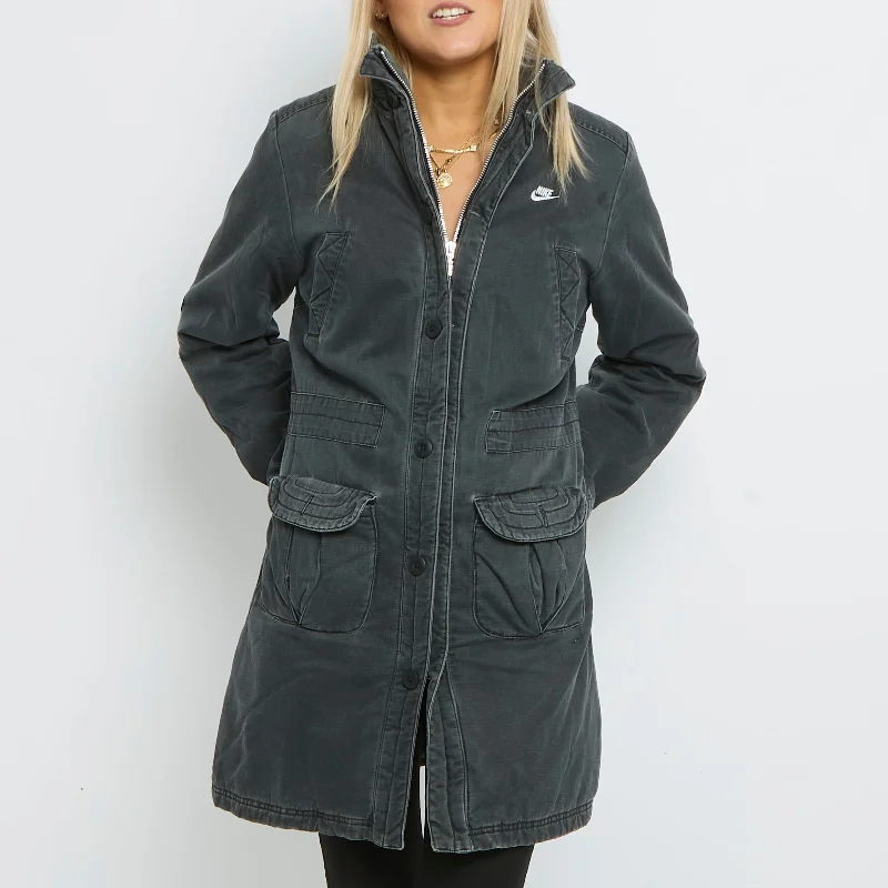 NIKE Denim Button Up Padded Trench Coat - UK 14 Classic Long Plaid Trench
