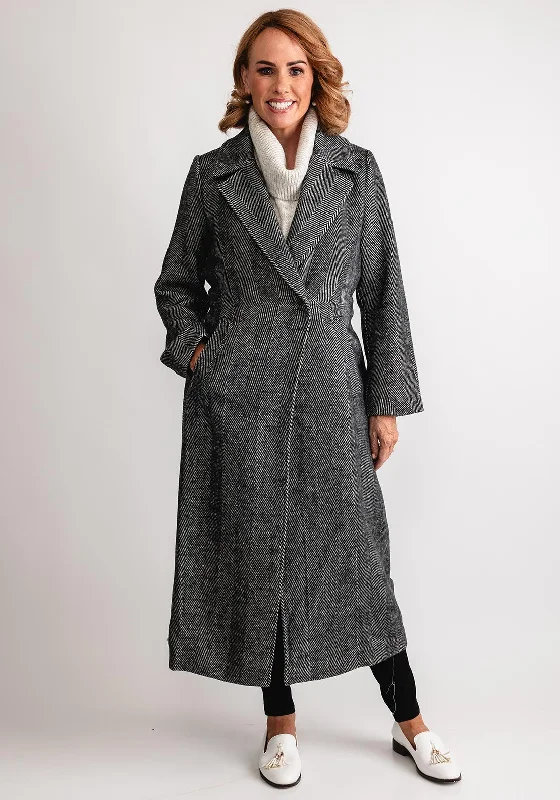Oui Chevron Print Trench Coat, Grey Warm Plaid Trench Jacket